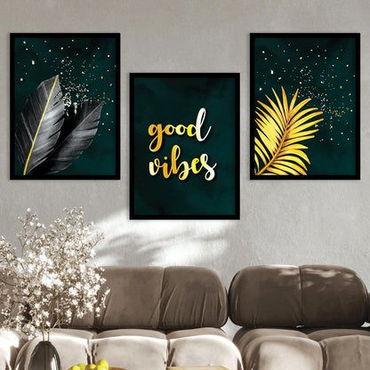 Good Vibes Nature Inspired Golden Leaf Wall Posters for Room Wall Decor : Black and Golden-Kotart