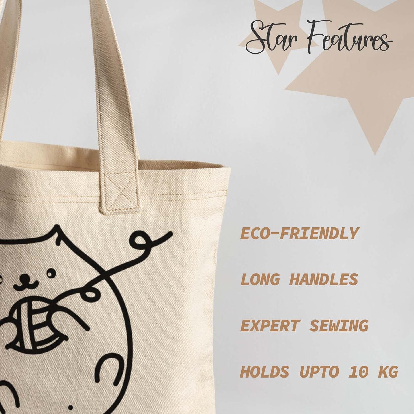 Kotart - Graphic Printed Cotton Tote Bags - Reusable Shopping / Grocery Bag - Multipurpose Canvas Shopping Tote Bag with Long Handle - ( 15 x 16 inch , Natural Beige)-Kotart