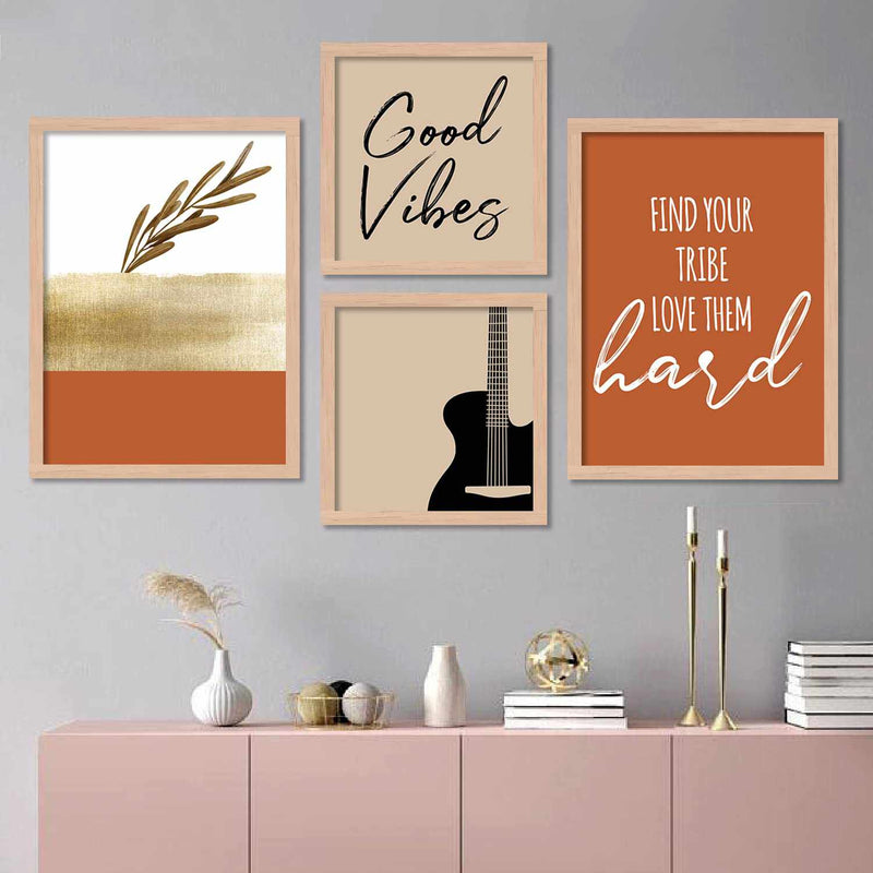 Kotart Painting Modern Art Wall Decor Framed Wall Paintings for Living Room, Bedroom - Good Vibes Framed Wall Decor Paintings with Frame - Photo Frames ( 11 x 14 inch, Orange ) Set of 4-Kotart