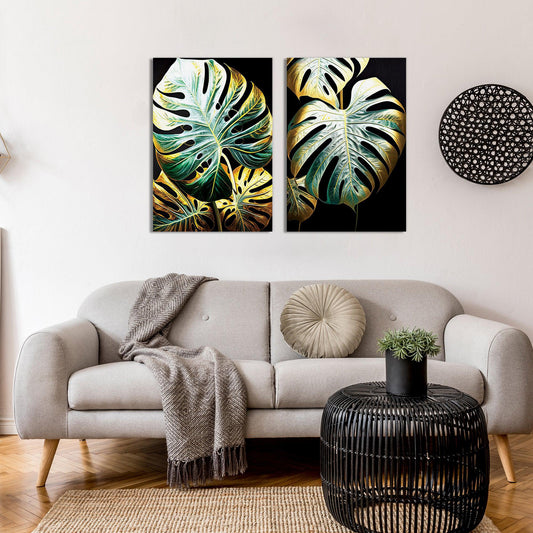 Luxury Gold Monstera Leaves Canvas Painting - Nature Inspired Modern Canvas Art-Kotart