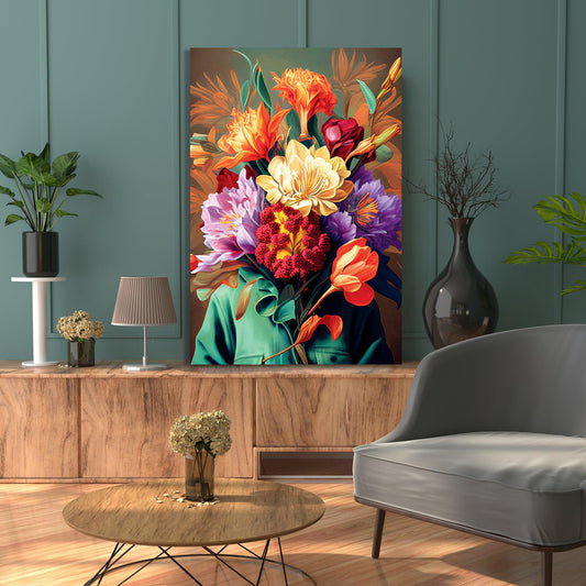 Modern Floral Head Canvas Art - Large Floral Canvas Painting - Colorful Vibrant Canvas Art for Living Room Wall Decor-Kotart