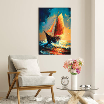 Modern Sailboats in Wild Ocean Canvas Painting - Modern Boat Sailing in Sea Canvas Art-Kotart