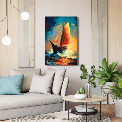 Modern Sailboats in Wild Ocean Canvas Painting - Modern Boat Sailing in Sea Canvas Art-Kotart