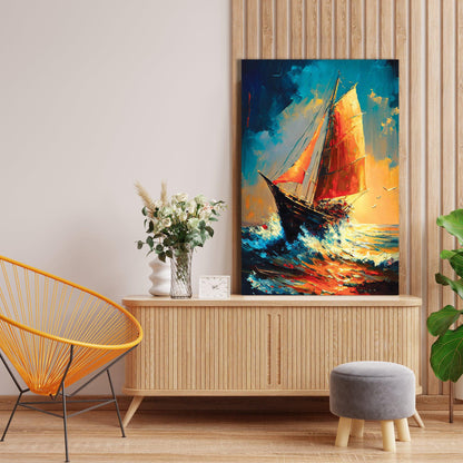 Modern Sailboats in Wild Ocean Canvas Painting - Modern Boat Sailing in Sea Canvas Art-Kotart