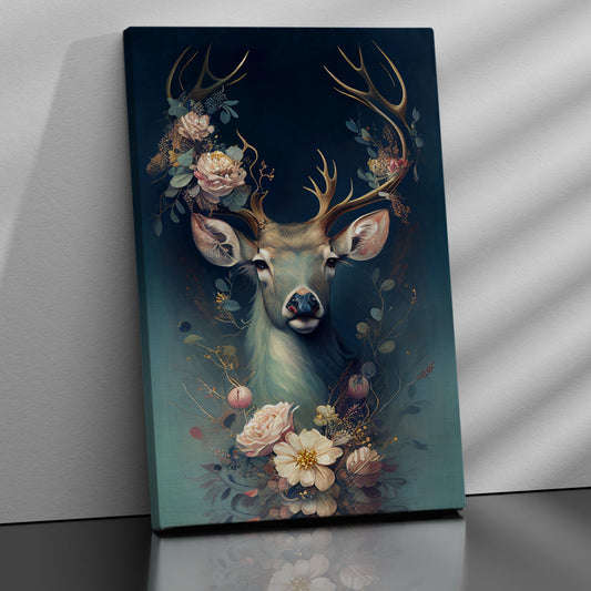 Nature Inspired Deer Wrapped in Magical Flowers Canvas Painting for Home Living Room Bedroom Wall Decor - Modern Art Wall Paintings-Kotart