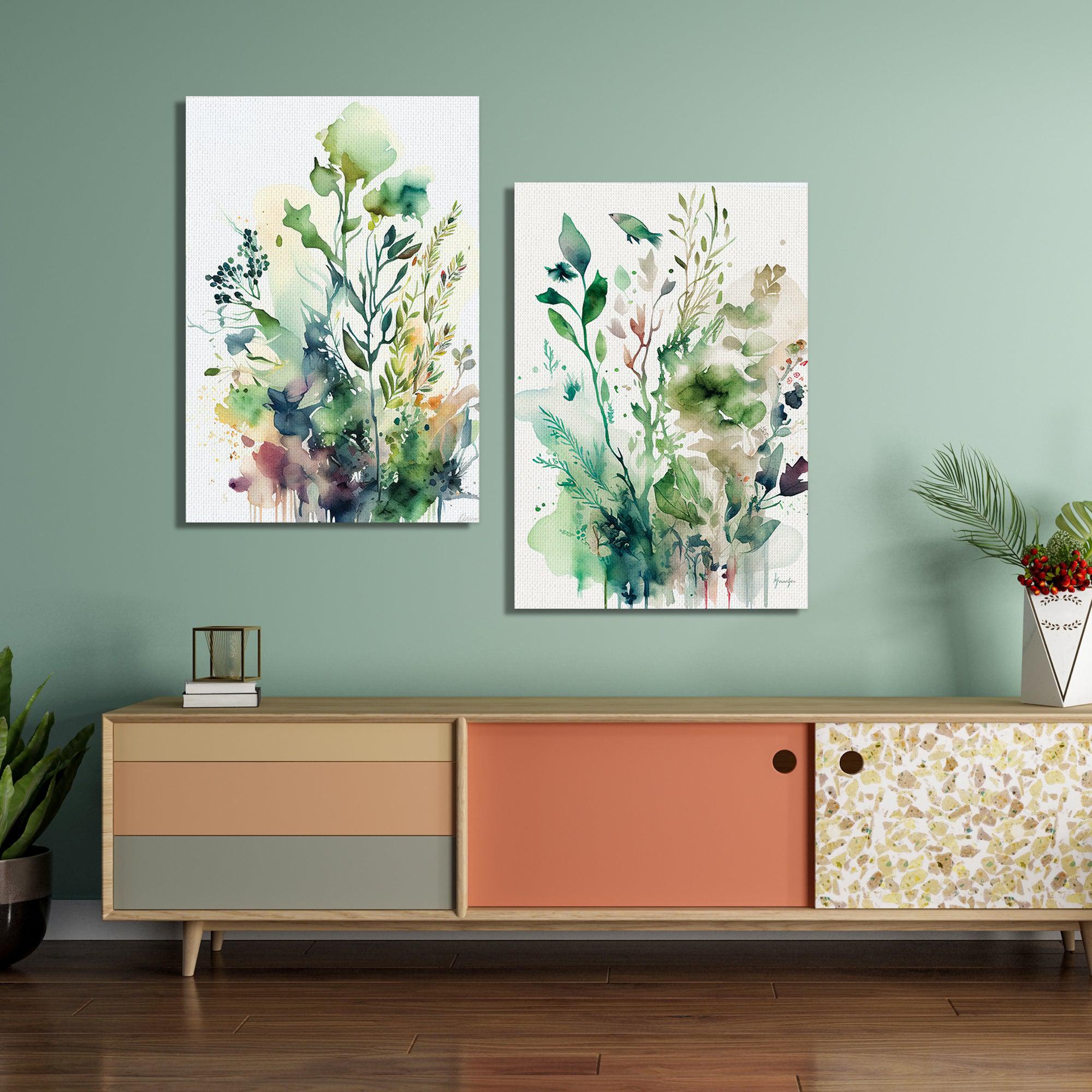 Nature Inspired Floral Canvas Painting Watercolor Texture Green Leaf Kotart