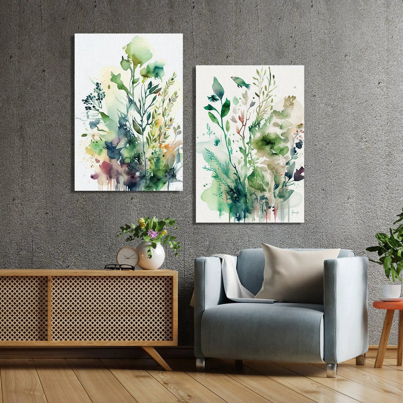 Nature Inspired Floral Canvas Painting - Watercolor Texture Green Leaf Canvas Art-Kotart