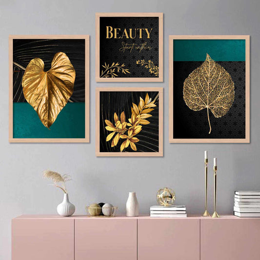 Nature Inspired Golden Leaf Wall Art Framed Painting-Kotart