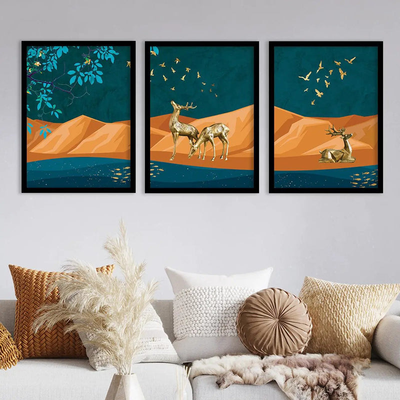 Nature Inspired Modern Abstract Framed Prints for Living Room Wall Decor : Deer in Forest-Kotart