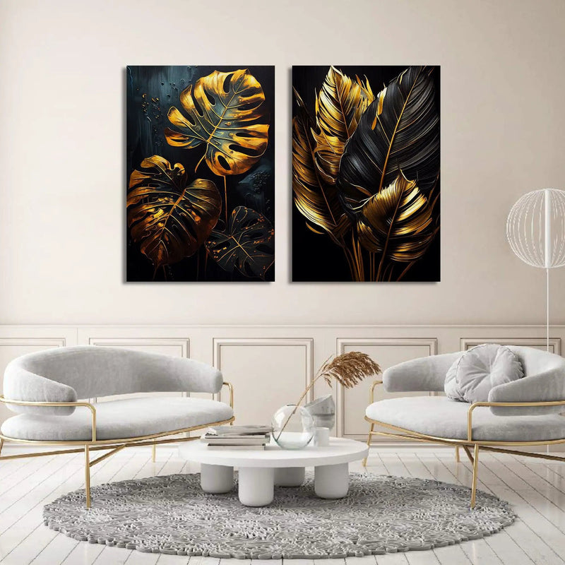 Nature Inspired Tropical Golden Leaf Wall Decor Canvas Painting - Living Room Bedroom Home and Office Wall Decor Canvas Arts-Kotart