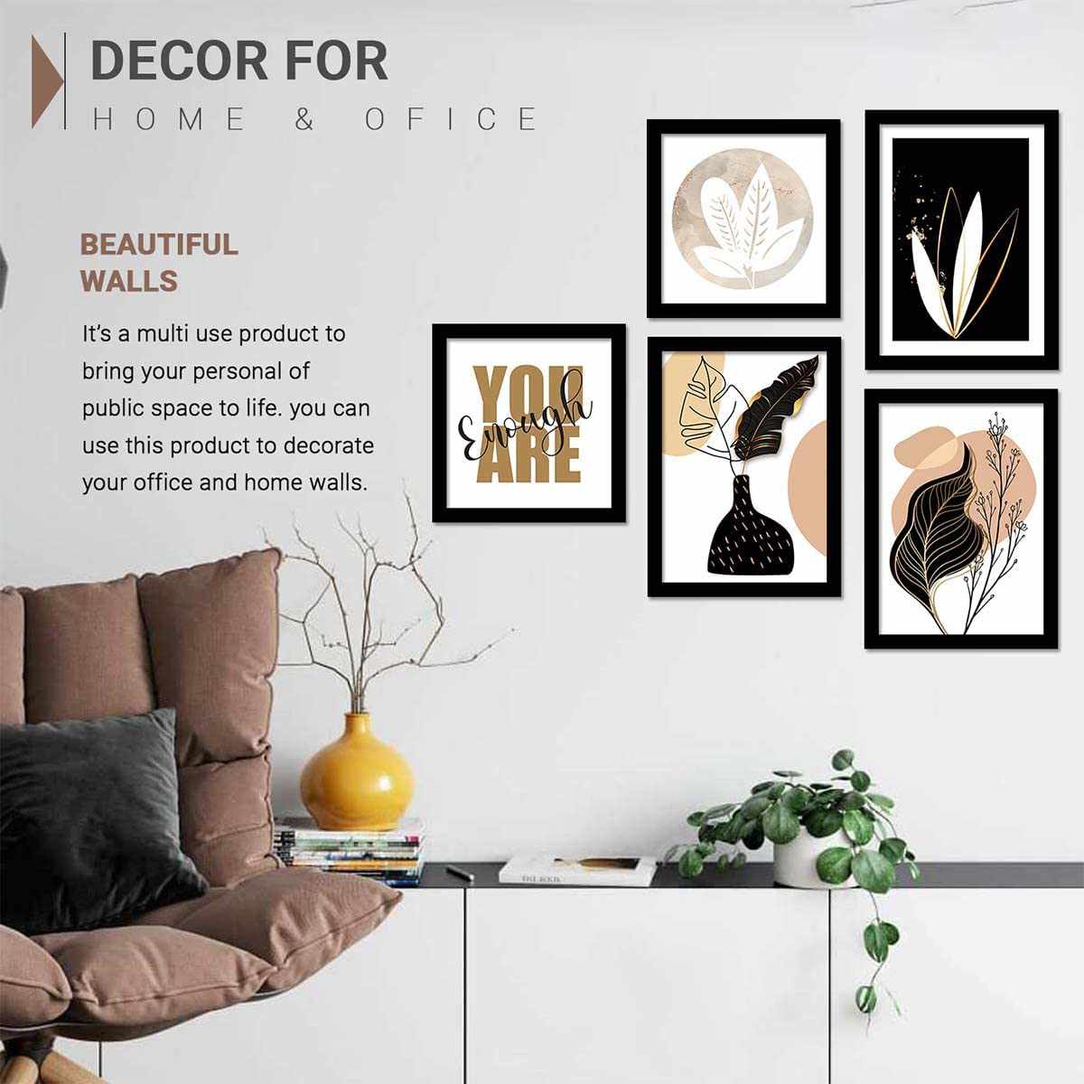 Nature Theme Modern Art Framed Wall Posters Painting (11 inch x 14 inch, Multicolor)- Set of 5-Kotart