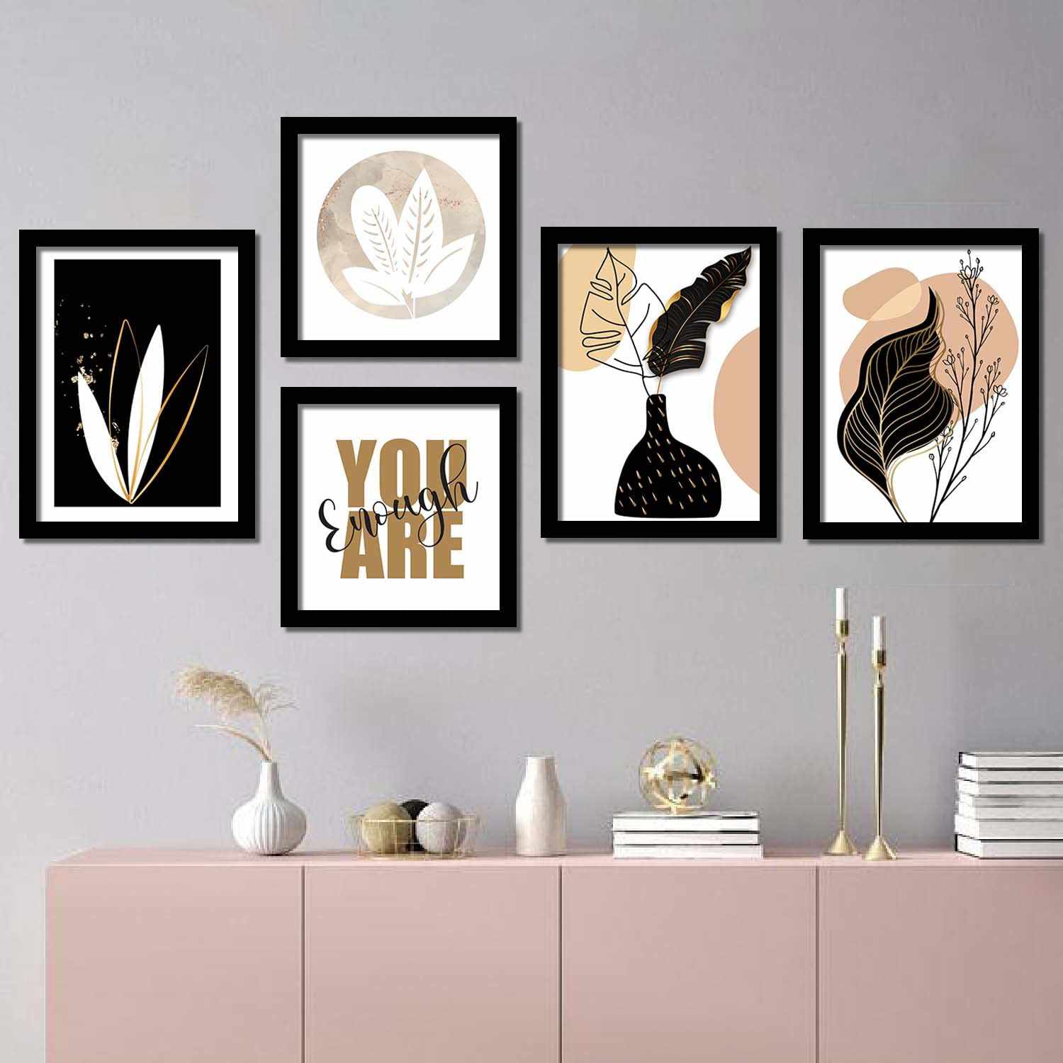 Nature Theme Modern Art Framed Wall Posters Painting (11 inch x 14 inch, Multicolor)- Set of 5-Kotart