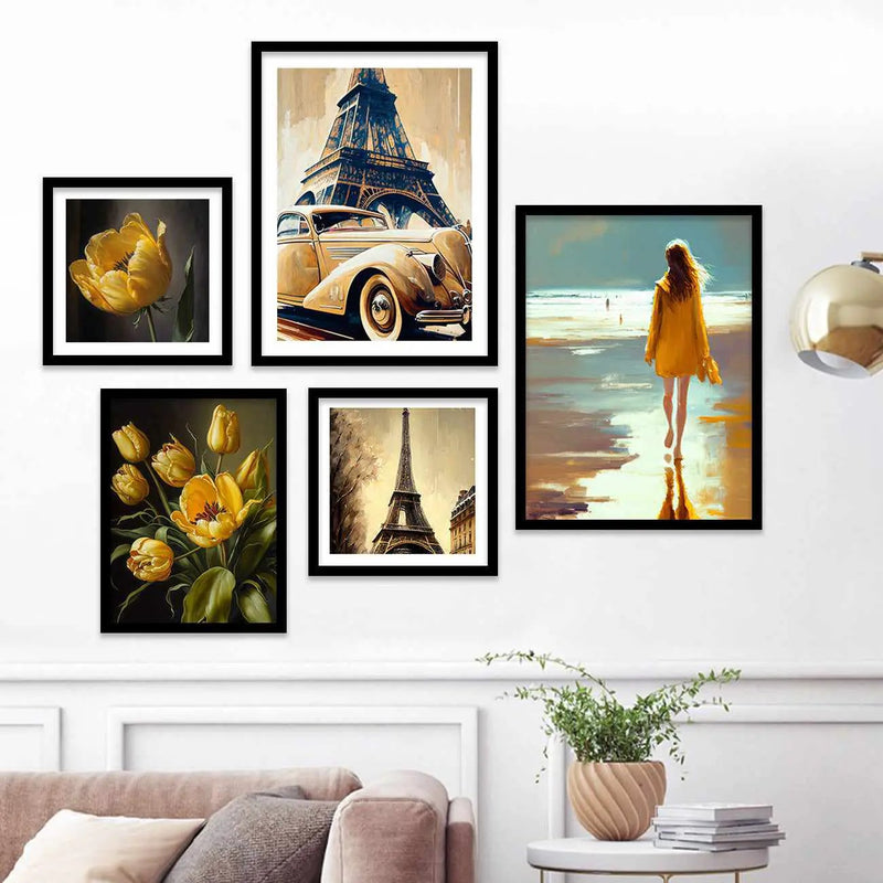 Travel Theme Gallery Wall Posters with Frame - Paris and Floral Painting with Frame-Kotart