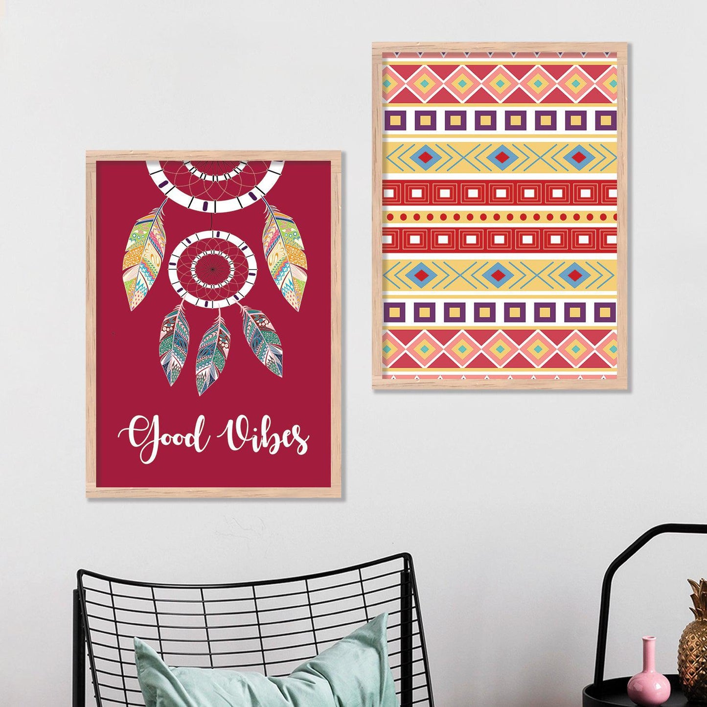 Vibrant Boho Theme Modern Art Wall Posters Set with Frame - Framed Art Set-Kotart