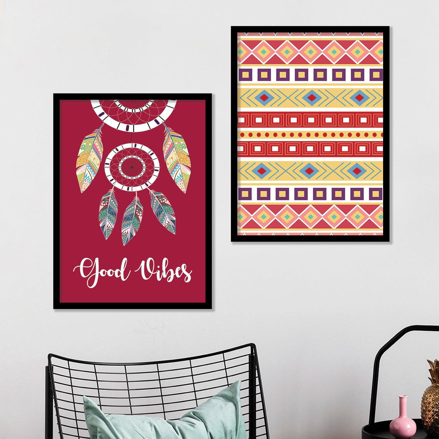 Vibrant Boho Theme Modern Art Wall Posters Set with Frame - Framed Art Set-Kotart